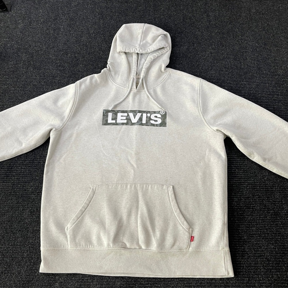 Levis Mens Camo Box Logo Hoodie Oatmeal Heather Fleece Pullover Large
